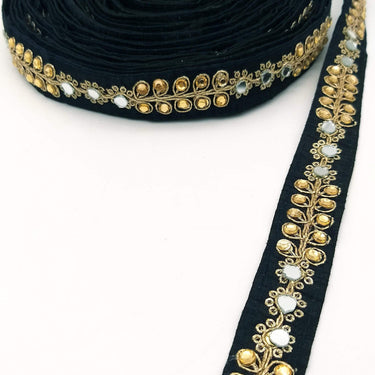 Black Art Silk Trim With Kundan Stones, Beads And Mirrors Embellishments, Approx. 22mm
